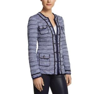 White House Black Market Blue Tweed Fringe Chain Embellished Blazer Jacket Sz 6